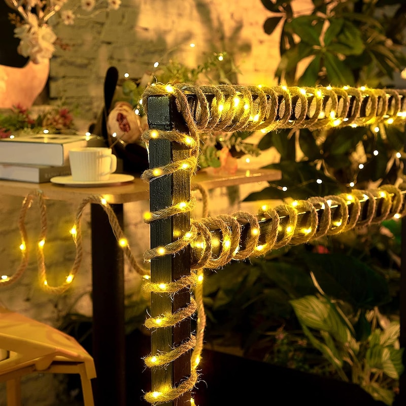 Led Hemp Rope String Light  Waterproof Memory Function Battery Powered 2m40led/5m100leds/10m200leds With Remote Control for Outdoor Garden Patio Balcony Decor