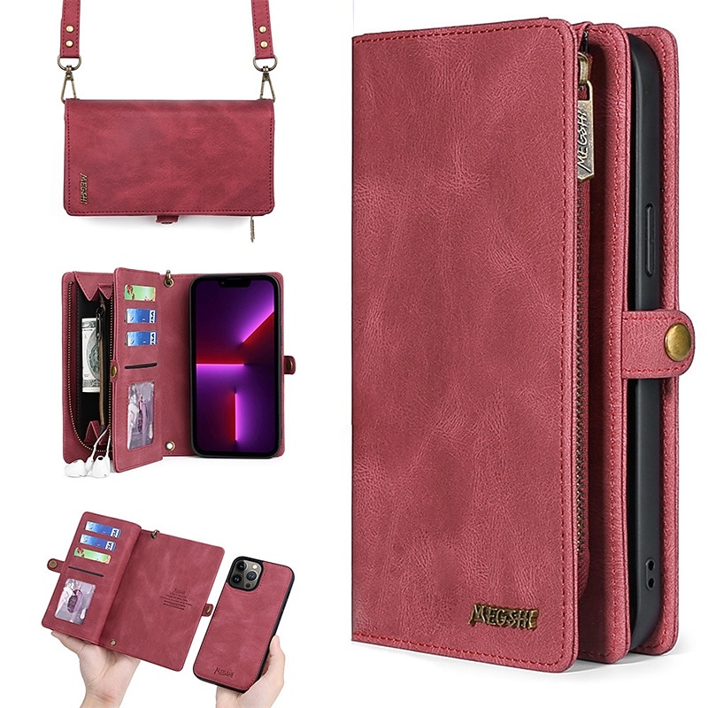 Phone Case For iPhone 15 14 Pro Max Plus 13 Pro Max Mini Wallet Case Magnetic Zipper with Lanyard Solid Color TPU PC PU Leather