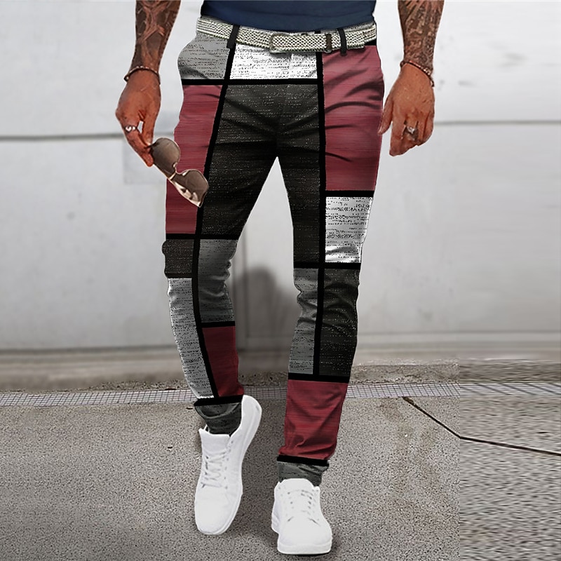 Plaid Geometry Business Men's 3D Print Pants Trousers Outdoor Street Wear to work Polyester Dark Red Blue Green S M L Mid Waist Elasticity Pants3