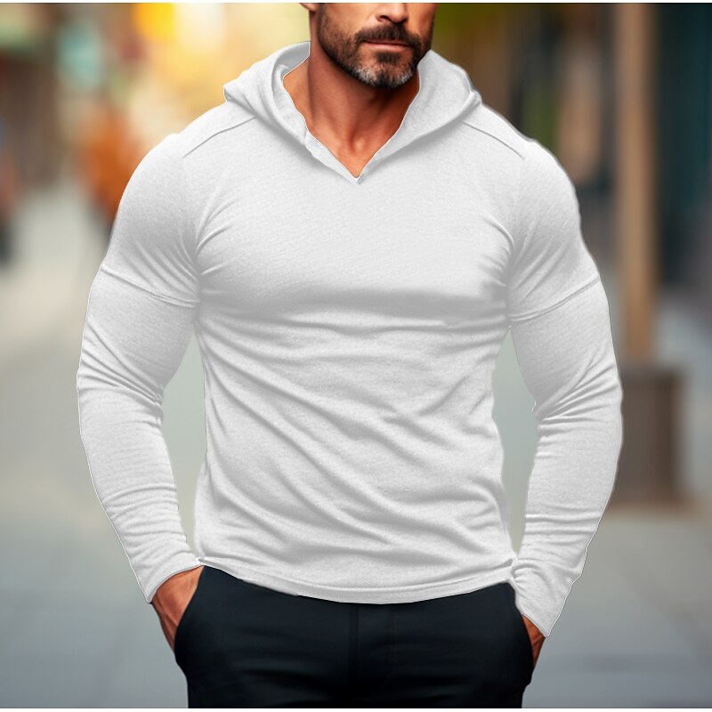 Men's Henley Shirt Tee Top Long Sleeve Hooded Summer Plain Fashion Designer Basic Patchwork Front Pocket Vacation Street Going out Black White Navy Blue Top Tee for Men4