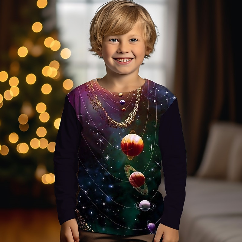Boys 3D Graphic Galaxy Space T shirt Tee Long Sleeve 3D Print Summer Spring Fall Sports Fashion Streetwear Kids 3-12 Years Outdoor Casual Daily Regular Fit4
