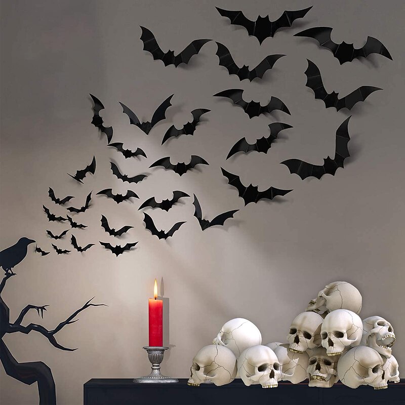 88 Pcs 4 Sizes Halloween Decorations PVC 3D Bats Wall Decor for Halloween Party Supplies Scary Bats Wall Stickers Set DIY Bat Clings for Halloween Home Decor Indoor Outdoor (Black)2
