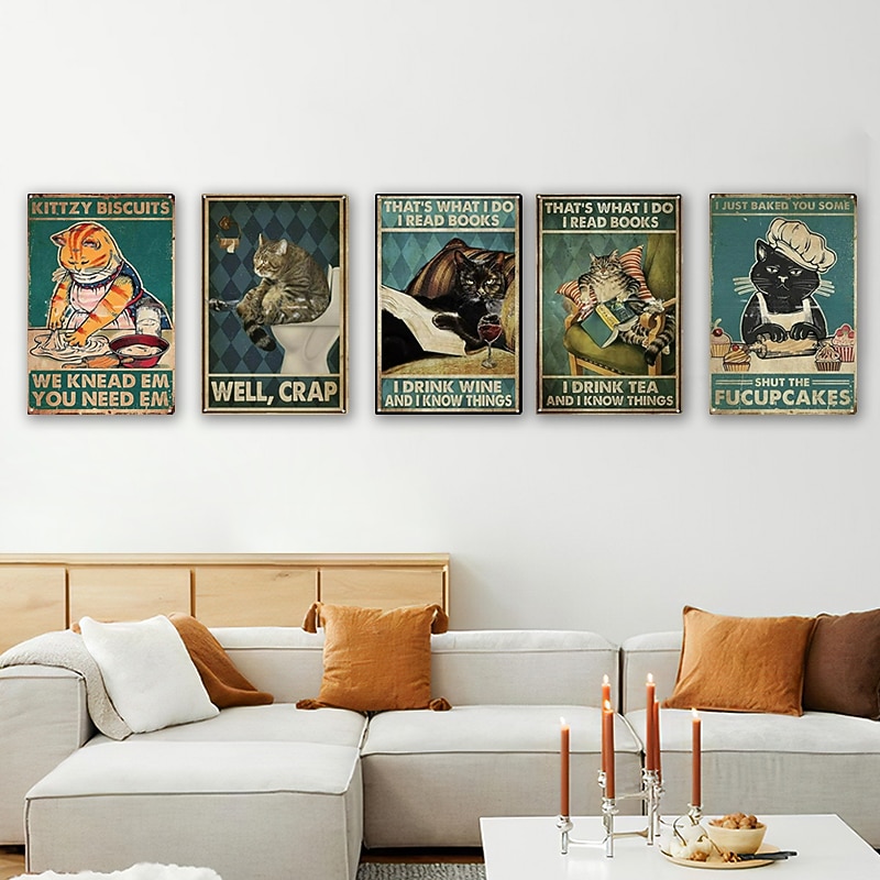 1pc Retro Metal Tin Sign Cat Wine Tin Sign Vintage Kitchen Signs Wall Decor, Painting Wall Hanging for Home Decor Wall Art Metal Tin Sign 20x30cm/8''x12''3