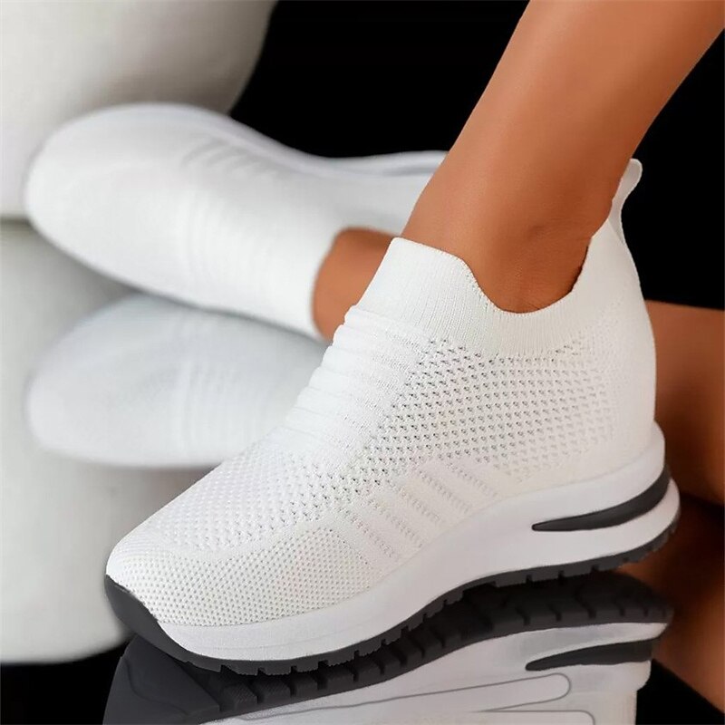 Women's White Slip-On Knit Sneakers - Lightweight and Breathable for Everyday Comfort, Perfect for Walking, Gym, and Casual Outings