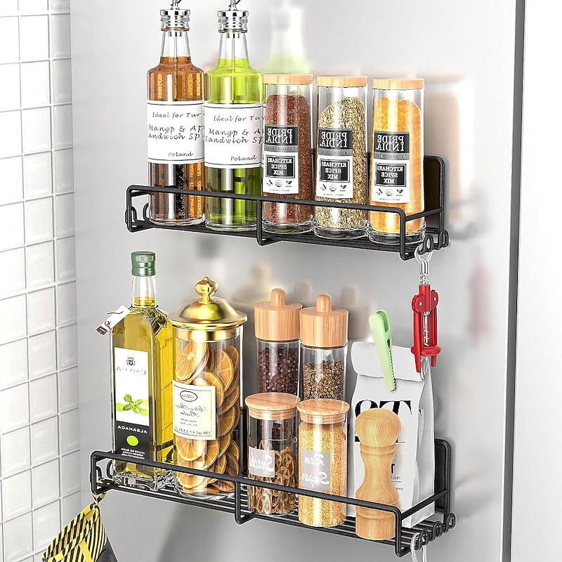 1 Pack Magnetic Spice Rack Organizer, Magnetic Spice Rack for Refrigerator, Magnetic Shelf for Holding Spices, Jars, Bottle, Metal&Black2