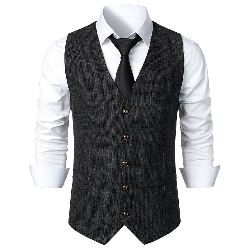 Men's Vest Gilet Daily Wear Vacation Going out Vintage Fashion Spring &  Fall Button Polyester Comfortable Plain Single Breasted V Neck Regular Fit Dark Gray Light Grey Coffee Vest3