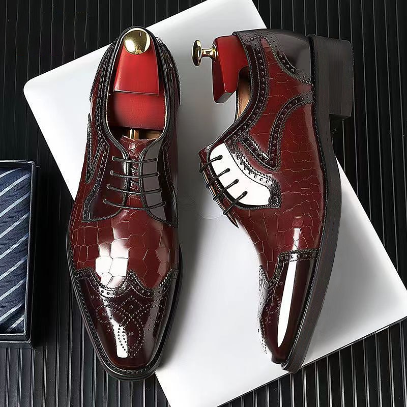 Men's Burgundy Patent Leather Oxford Shoes with Brogue Detailing and Crocodile Pattern - Elegant Lace-Up Dress Shoes for Formal Occasions3