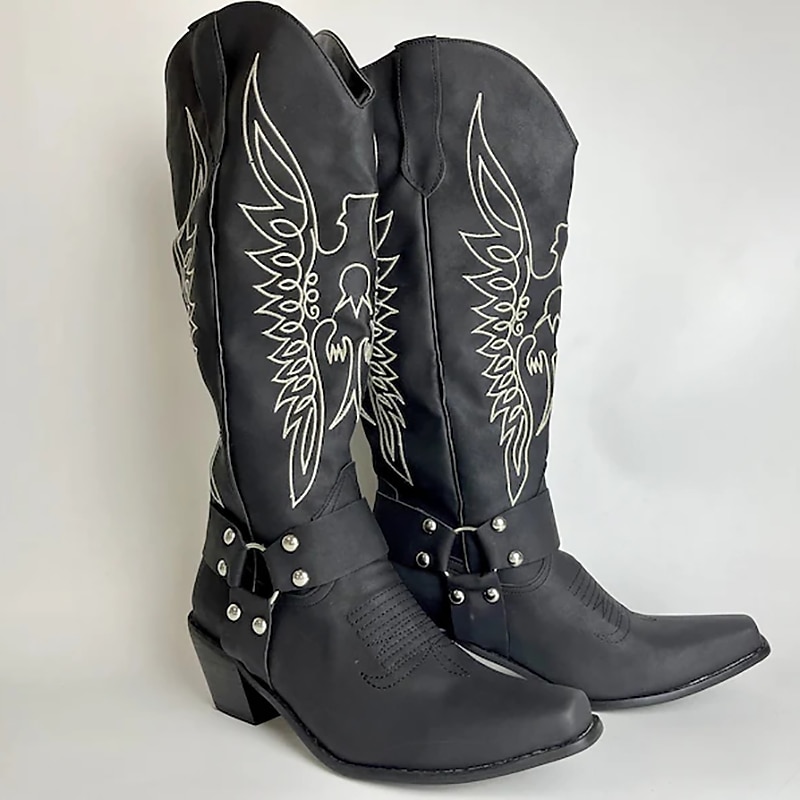 Men's Black Western Cowboy Boots – Embroidered Design with Harness Strap and Metal Stud Details, Ideal for Rodeo, Ranch, and Casual Wear2