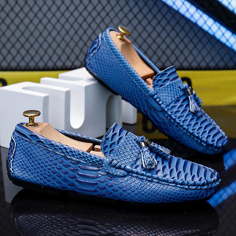 Men's Blue Faux Snakeskin Loafers with Tassels – Stylish Slip-On Dress Shoes for Formal and Casual Occasions3