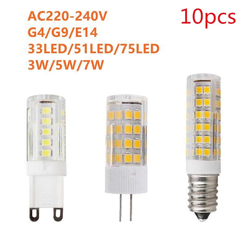 10pcs Brightest G9 G4 E14 LED Lamp AC220V 3W 5W 7W Ceramic SMD2835 LED Bulb Warm Cool White Spotlight Replace Halogen Light