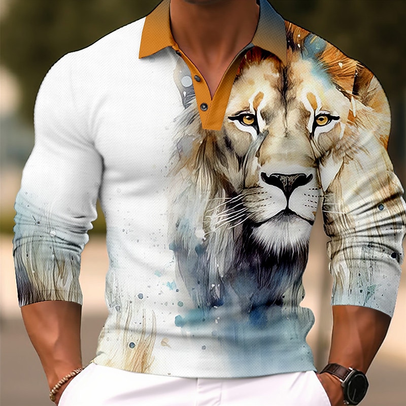 Men's Lion Polo Shirts Golf Shirt Long Sleeve Polo Shirts Collared Shirts Casual Funny Streetwear Vacation Wear Party Outfits 3D Print Buttons Yellow Red Blue