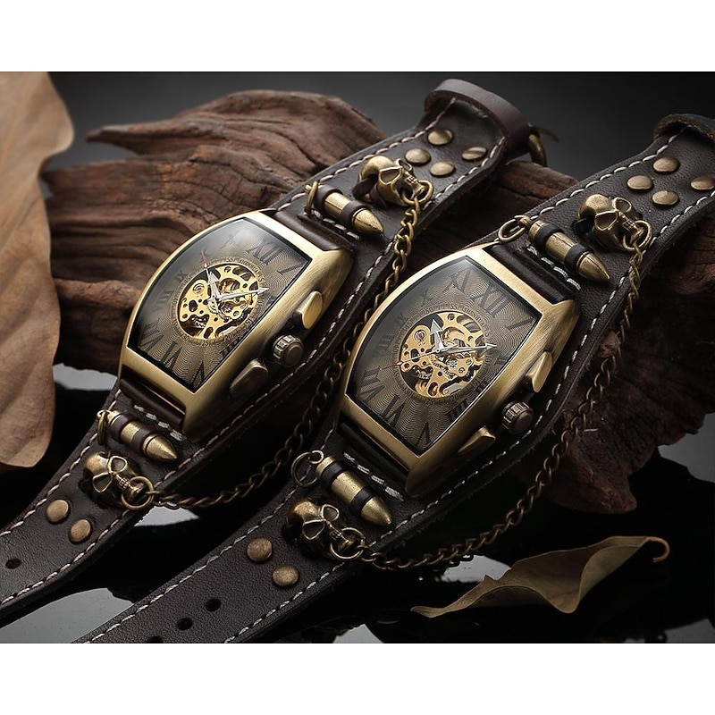 Cool Men Style Automatic Mechanical Analogue Watch Steam Punk Rock Gothic Leather Strap Black Brwon Watch Bullet Hollow-carved Design3