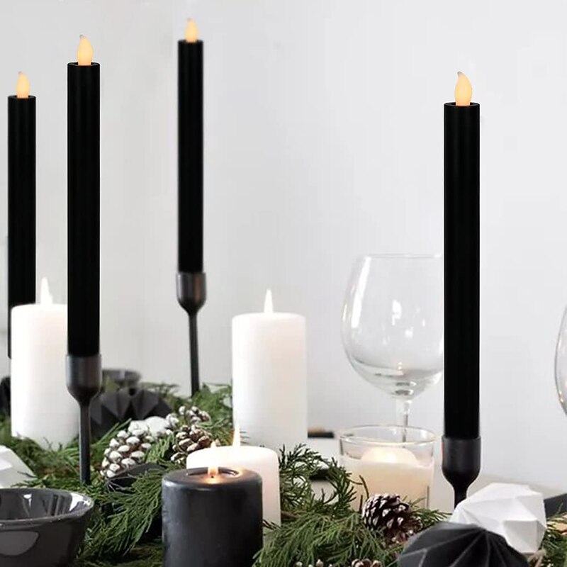4 Packs Black Flemeless LED Taper Candles Flickering Light Real Wax Halloween Theme Party Decoration LED Candlestick4