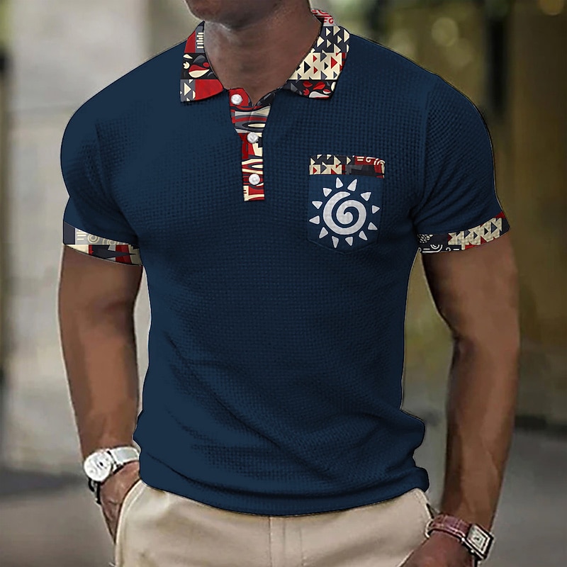 Men's Graphic Prints Vintage Totem Waffle Polo Shirts Polo Shirts Lapel Polo Button Up Polos Golf Shirt Short Sleeve Shirt Turndown Outdoor Street Black White Wine Blue Brown Print Clothing Apparel4