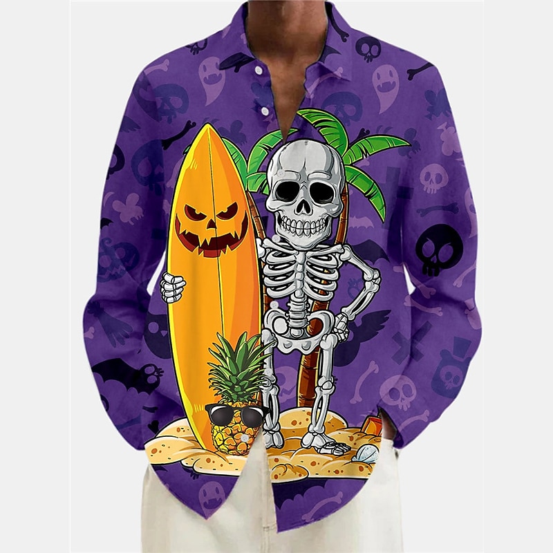 Men's Skull Pumpkin Graphic Prints Halloween Costumes Shirt Long Sleeve Shirt Turndown Outdoor Halloween Black Yellow Red Purple Print Clothing Apparel Fashion Streetwear Designer Casual4