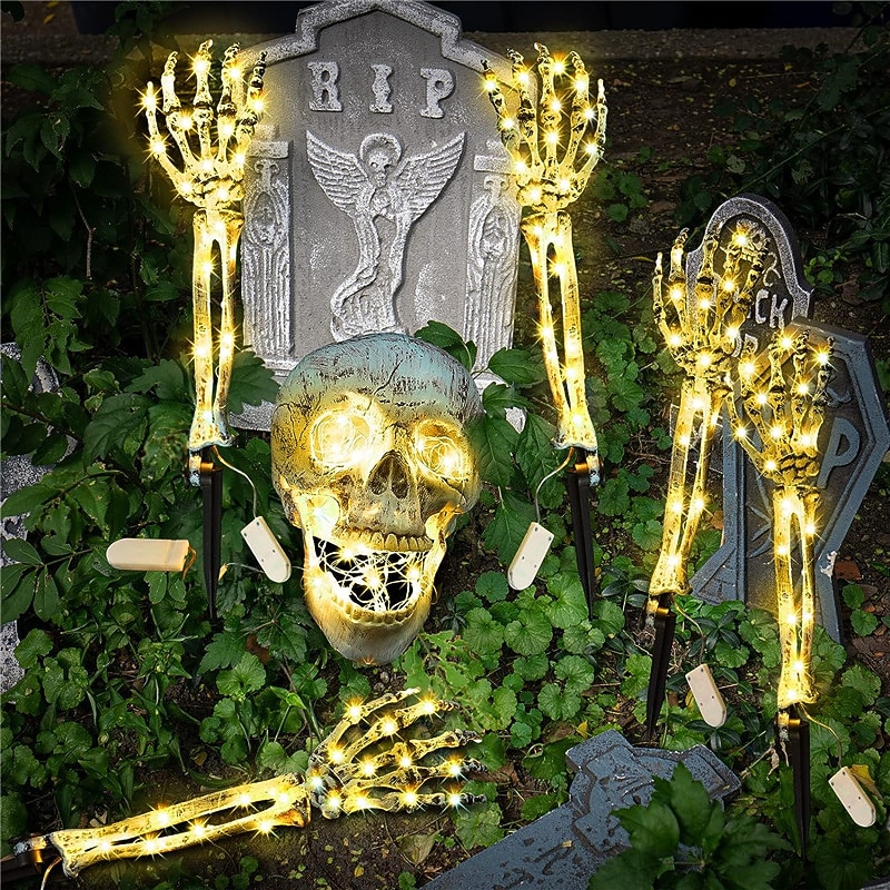 3 Pack Realistic Looking Skeleton Stakes Graveyard Yard Lawn Stakes Halloween Skeleton Light up Halloween Decorations Skeleton Hands Head Yard Stake with  Light Strings for Garden Warm White / Purple3