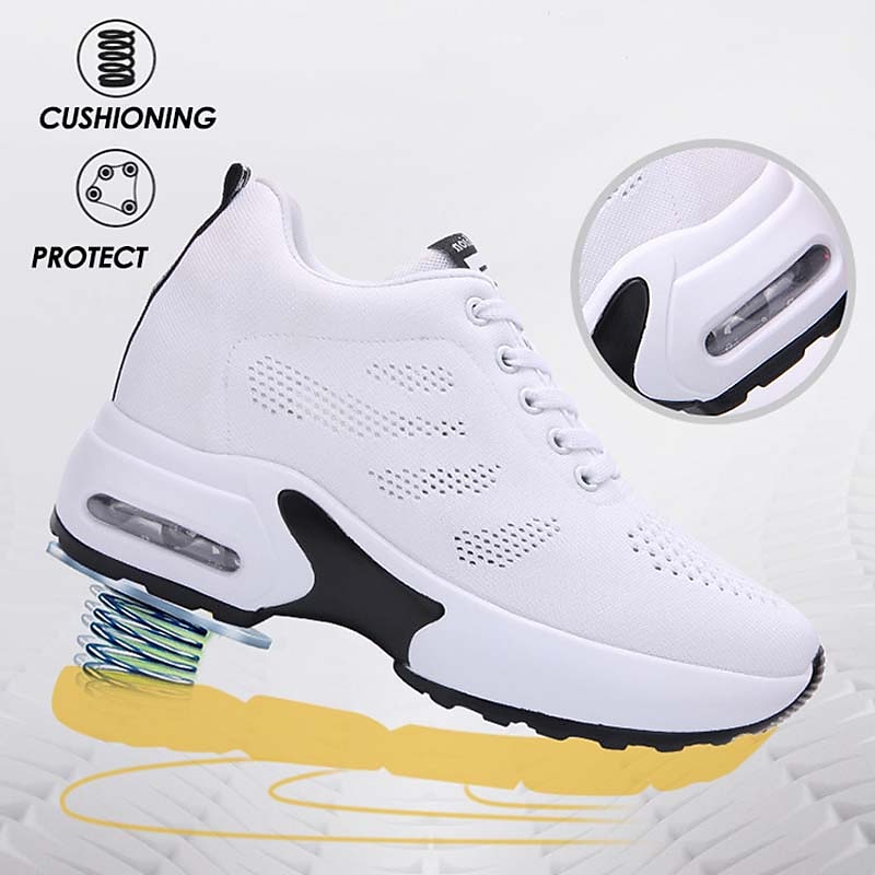 Women's White Platform Knit Sneakers with Air Cushion Sole and Lace-Up Design, Lightweight Walking Shoes for Fitness, Travel and Casual Outfits3