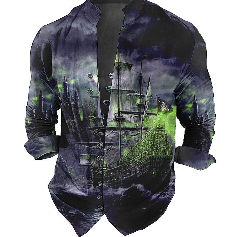 Men's Nautical Vintage Sailboat Shirt Button Up Shirt Long Sleeve Fashion Streetwear Designer Outdoor Casual Daily Summer Spring Fall Stand Collar Print Yellow Red Blue Green Gray4