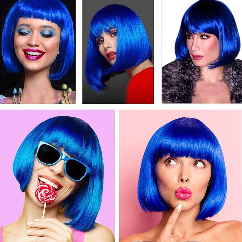 Blue Bob Wig With Bangs 12 Inch Royal Blue Wig Short Synthetic Fiber Bob Wigs for Women Short Bob Wigs and Halloween Cosplay Bob Wig3