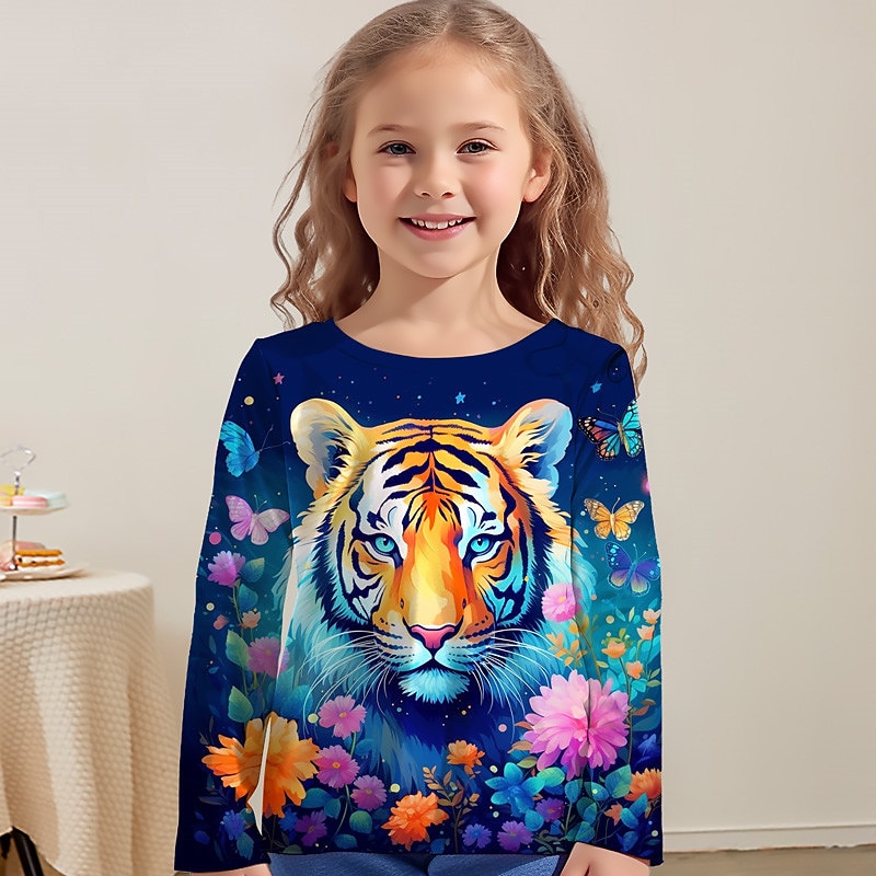 Girls' 3D Graphic Animal Tiger T shirt Tee Long Sleeve 3D Print Fall Winter Active Fashion Cute Kids 3-12 Years Outdoor Casual Daily Regular Fit3