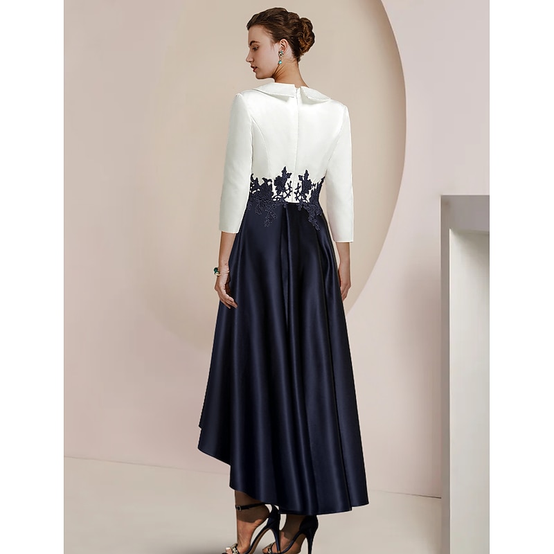 A-Line Mother of the Bride Dress Tuxedo Dress Formal Wedding Guest Elegant High Low Shirt Collar Asymmetrical Tea Length Satin Lace with Appliques Color Block Race Day Dress4