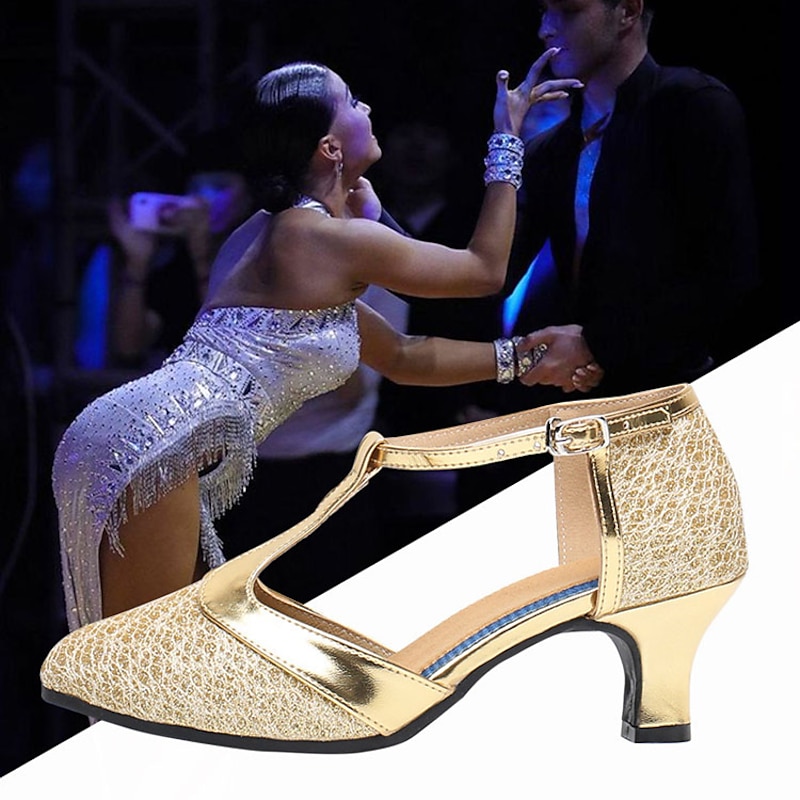 Women's Gold Glitter T-Strap Dance Shoes, Low Heel and Mid Heel Ballroom Latin Performance Heels for Salsa and Tango2