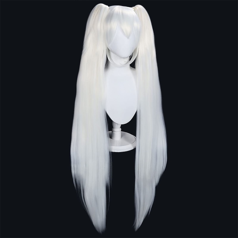 White Wig with Double Ponytails Wigs for Women Long Straight Synthetic Hair Wigs for Halloween 2 Pigtail With Bangs Wig for Anime Cosplay Halloween Chrismas Party Wig for Girls3