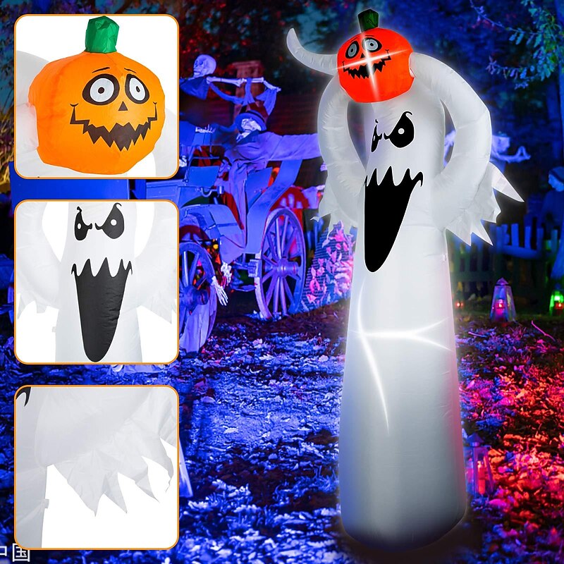Halloween Decorations Inflatable Pumpkin Blow Up White Lighted Ghost Doll Spooky with Lifting Inflatable Prop Decoration Pumpkin Yard Lawn Prop Decoration for Indoor Outdoor3