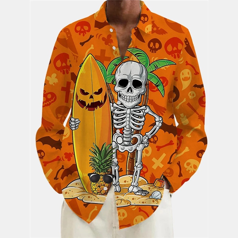 Men's Skull Pumpkin Graphic Prints Halloween Costumes Shirt Long Sleeve Shirt Turndown Outdoor Halloween Black Yellow Red Purple Print Clothing Apparel Fashion Streetwear Designer Casual
