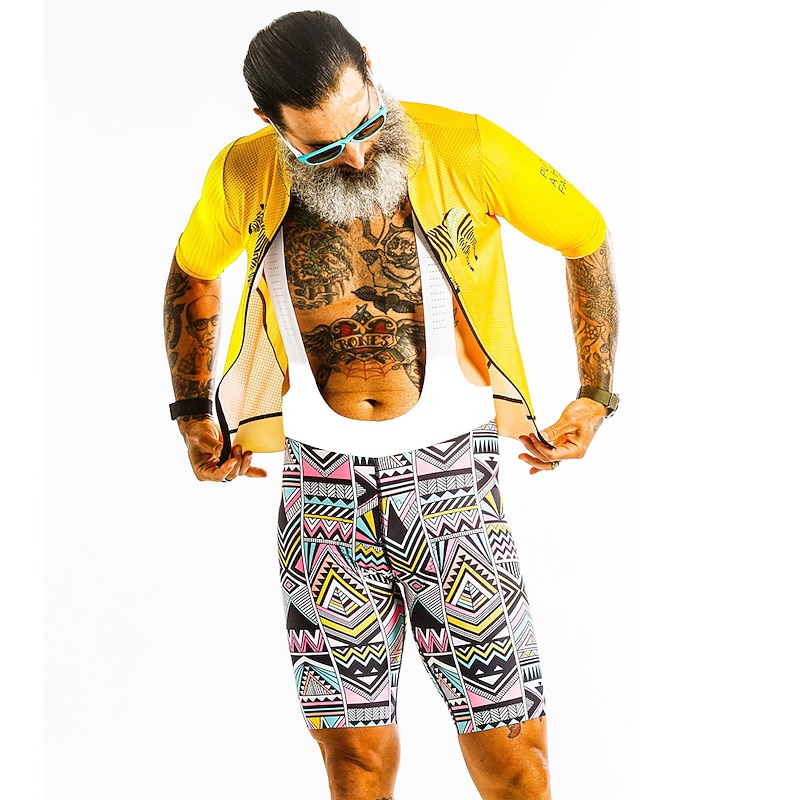 Men's Cycling Jersey with Bib Shorts Short Sleeve Mountain Bike MTB Road Bike Cycling Yellow Bike Clothing Suit 3D Pad Breathable Quick Dry Back Pocket Polyester Spandex Sports Geometric Clothing