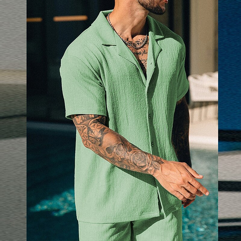 Men's 2 Piece Shirt Set Button Up Shirt Casual Shirt Summer Shirt Black Blue Green Short Sleeve Plain Camp Collar Daily Vacation 2 Piece Clothing Apparel Fashion Casual Comfortable2