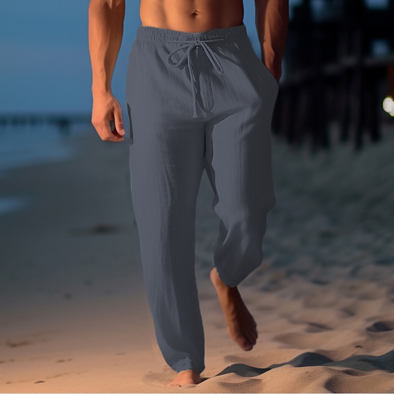 Men's Linen Pants Trousers Summer Pants Beach Pants Drawstring Elastic Waist Straight Leg Plain Comfort Breathable Casual Daily Holiday Fashion Classic Style Light Khaki Black4