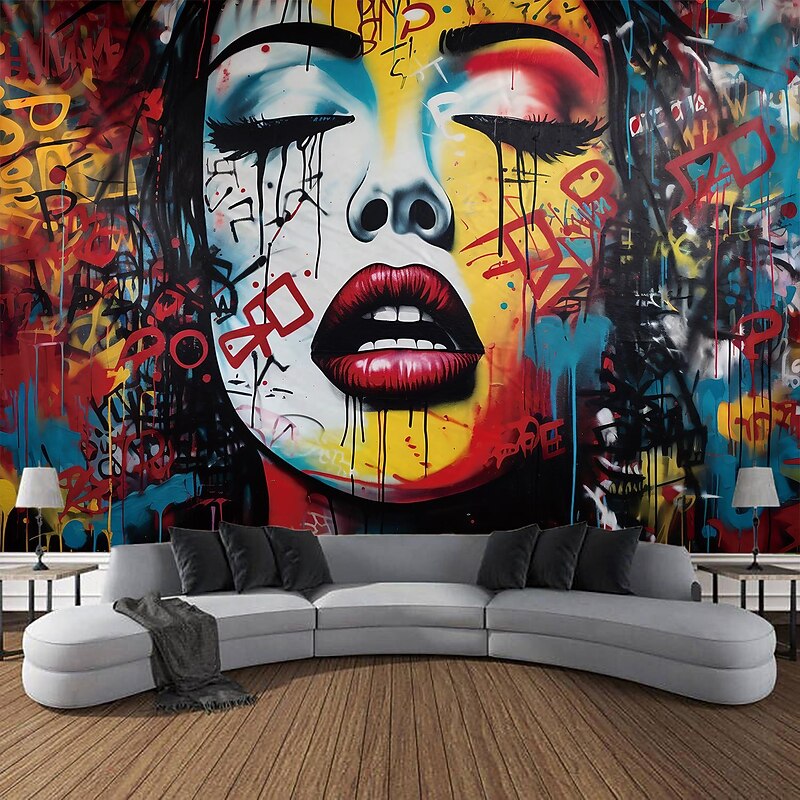 Graffiti Woman Lip Hanging Tapestry Wall Art Large Tapestry Mural Decor Photograph Backdrop Blanket Curtain Home Bedroom Living Room Decoration