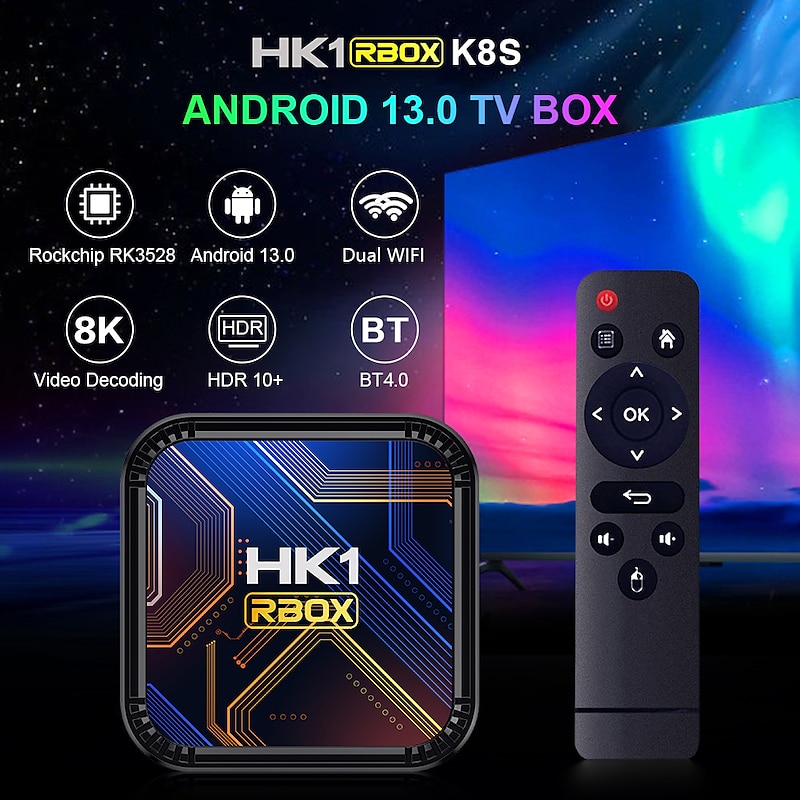 Smart TV Box HK1 RBOX K8S Android 13 8K Android TV Box RGB Light 4GB 64GB WiFi6 Dual Wifi 2023 PK Android 12 6K 2024 – GBP £37