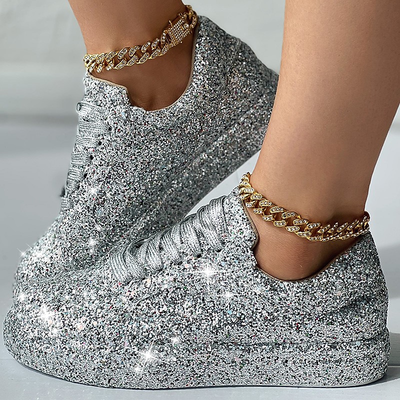Women's Silver Glitter Platform Sneakers - Sparkly Lace-Up Casual Shoes for Parties and Street Style