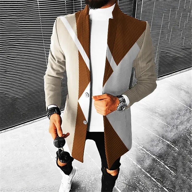Men's Color Block Geometry Winter Coat Overcoat Coat Warm Comfortable Breathable Fashion Streetwear Business Work Wear to work Going out Pocket Print Fall & Winter Turndown Long Sleeve Red Burgundy2