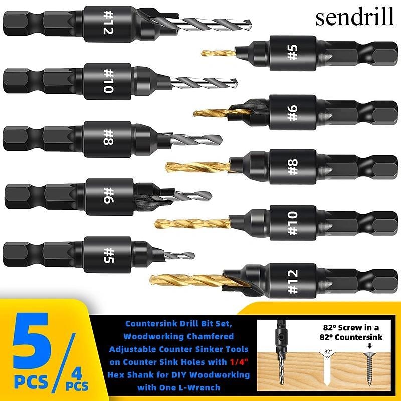 5pcs Woodworking Countersink Drill Bit Set, With 1/4