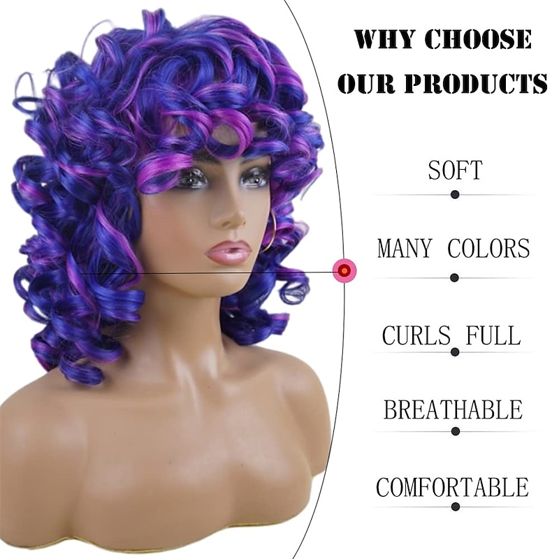 Short Curly Wigs for Black Women Soft Mixed Blue to Purple Big Curly Wig with Bangs Cute Loose Curly Cosplay Party Daily Synthetic Wig for African American Women3