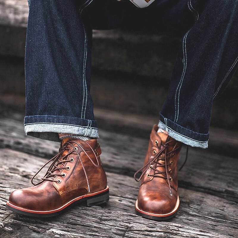 Men's Brown Faux Leather Lace-Up Ankle Boots, Vintage Style Casual Boots for Everyday Wear