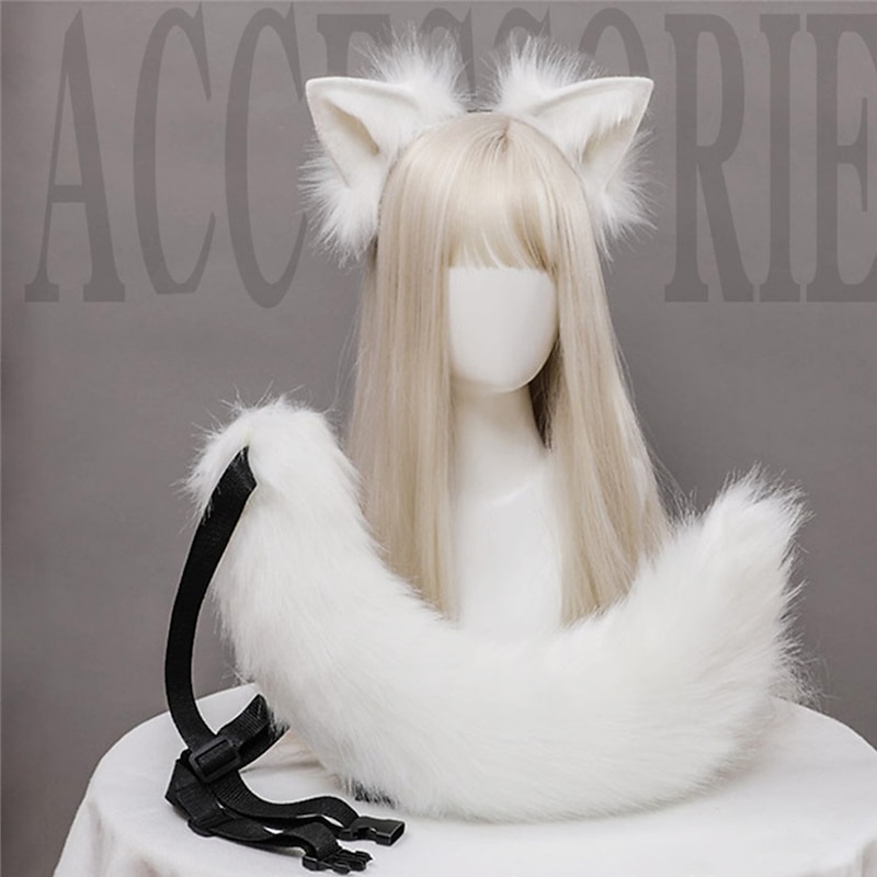 Plush Fox Ears and Tail Cosplay Accessories Handmade Simulation Beast Ears Hair Hoops and Tail Jewelry Set