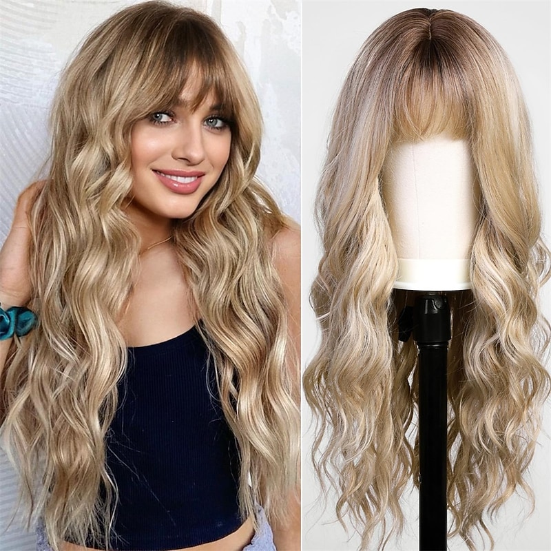 Ombre Dirty Blonde Wigs with BangsAsh Blonde Long Wavy Wig for WomenLong Curly Synthetic Hair Wig for Party Daily Use 24IN