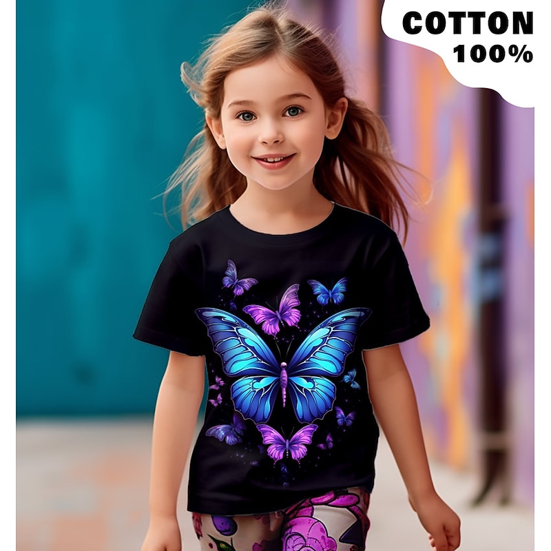 Girls' 3D Graphic Butterfly T shirt Tee Short Sleeve 3D Print Summer Spring Active Fashion Cute 100% Cotton Kids 3-12 Years Outdoor Casual Daily Regular Fit4