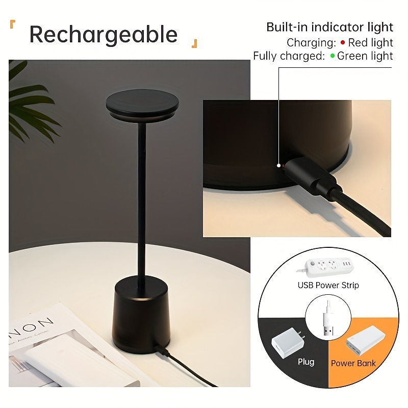 Cordless Table Lamp Rechargeable LED Touch Lamp 3 Color Stepless Dimming Table Light Desk Lamp for Restaurant Bedroom Bar Patio Indoor Outdoor2
