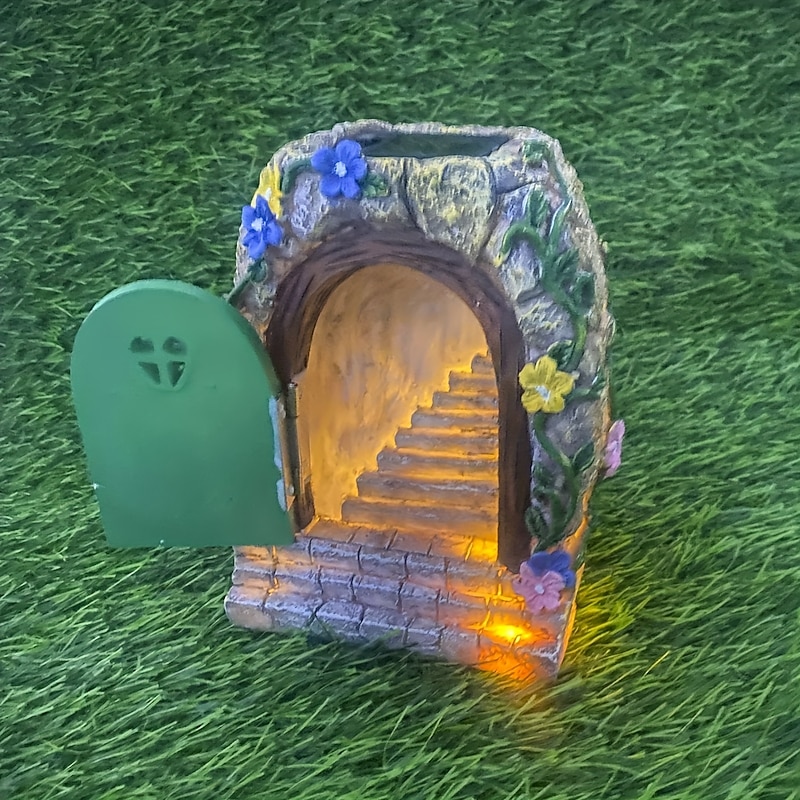 Solar Fairy Door Garden Miniatures,Fairy Door with Steps, Resin Fairy Garden Accessories, Tree Garden Home Decor, Waterproof Garden Glow Ornaments2