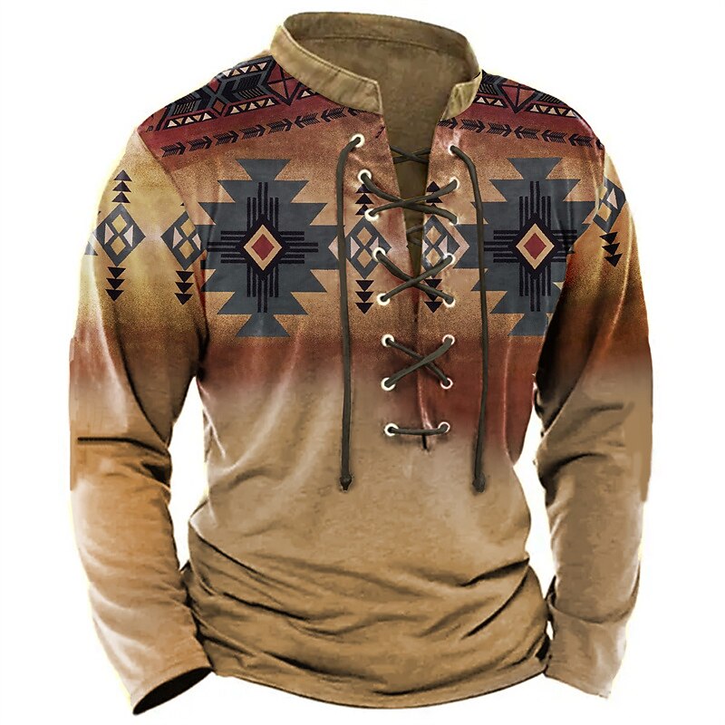 Men's Tribal Graphic Prints Graphic Tee Vintage Shirt Long Sleeve T shirt Shirt Fashion Designer Casual Outdoor Vacation Daily Wear Burgundy Blue Green Spring &  Fall Clothing Apparel S M L XL 2XL 3XL