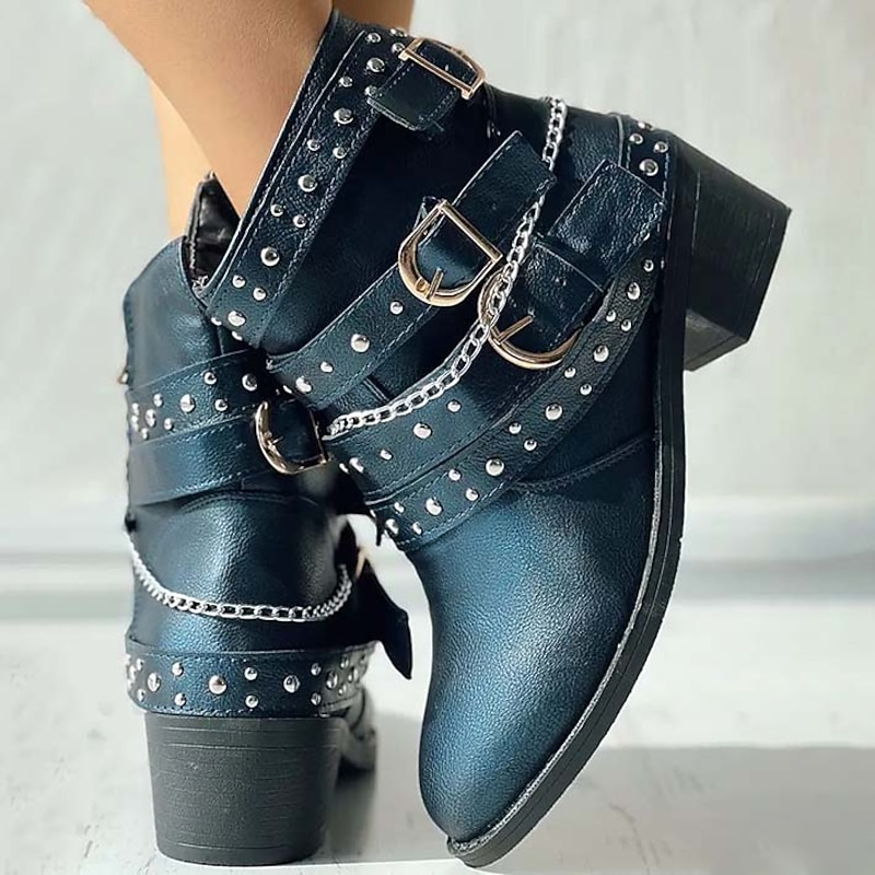 Women's Studded Biker Ankle Boots with Buckle Straps and Chain, Punk Rock Motorcycle Boots for Casual Streetwear and Concert Outfits2