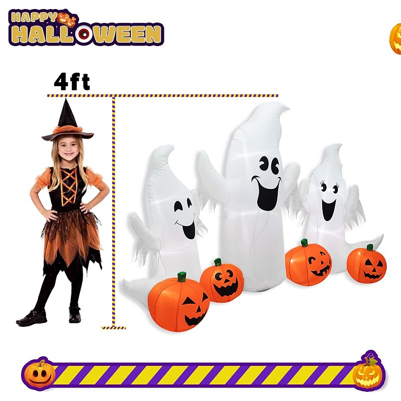 7FT Long Halloween Inflatable Lighted Ghosts and Pumpkins, 3 Ghosts Inflatables with Led Lights for Home Yard Lawn Indoor Halloween Outdoor Decoration4