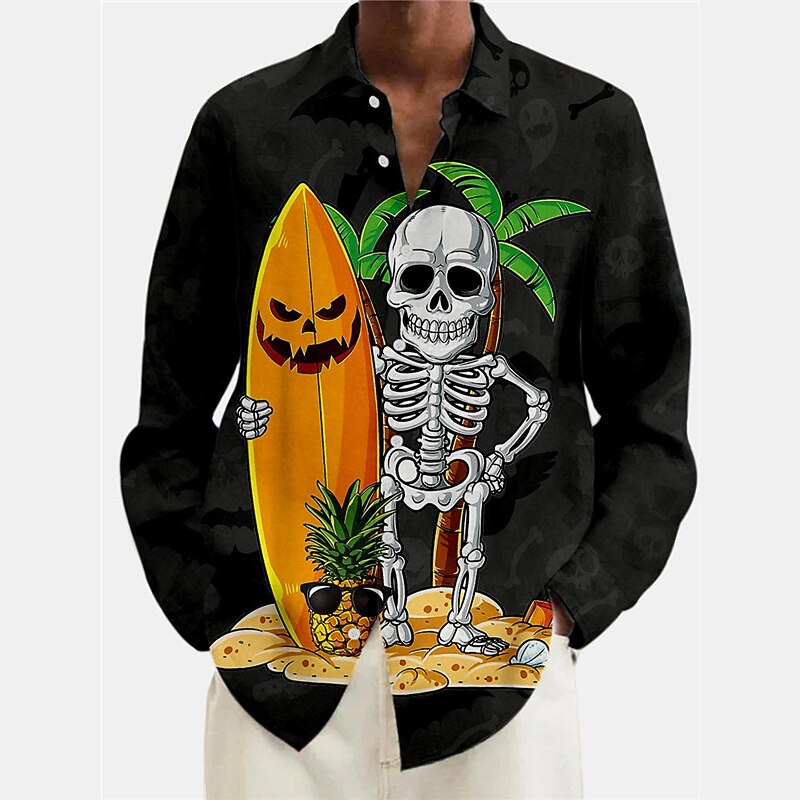 Men's Skull Pumpkin Graphic Prints Halloween Costumes Shirt Long Sleeve Shirt Turndown Outdoor Halloween Black Yellow Red Purple Print Clothing Apparel Fashion Streetwear Designer Casual3