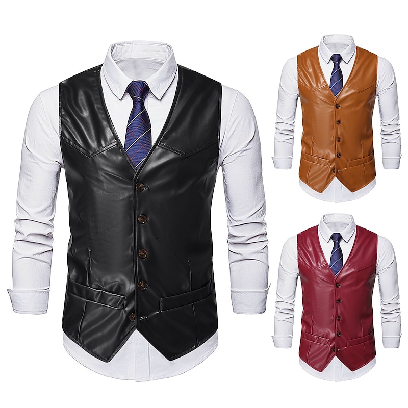 Men's Vest Leather Vest Birthday Party Casual Daily Traditional / Classic All Seasons Faux Leather Lightweight Solid / Plain Color Single Breasted Collarless Slim Fit claret Black Brown Vest