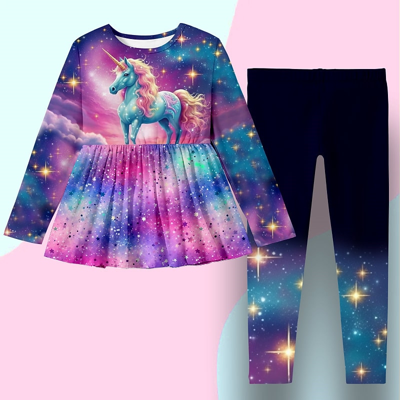 Girls' 3D Graphic Galaxy Unicorn T-shirt & Pants Dress Set Clothing Set Long Sleeve 3D Print Spring Fall Winter Active Fashion Daily Kids 3-12 Years Outdoor Vacation Date Regular Fit2